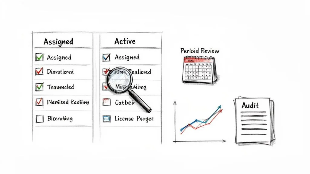 A sketch illustrating IT asset management workflow steps including assigned/active tasks, review, trend analysis, and audit.