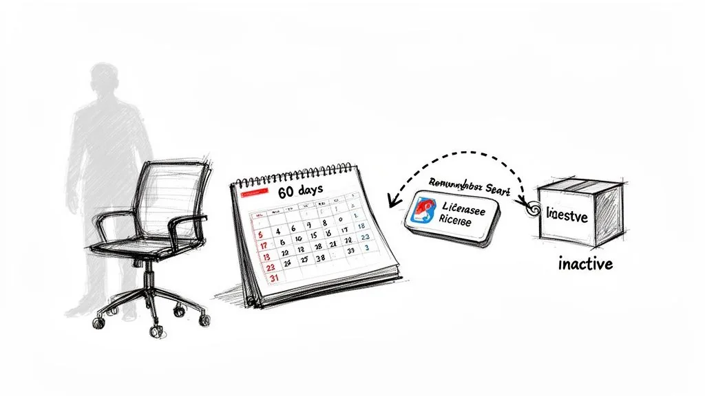 Illustration of an employee's shadow, office chair, 60-day calendar, license, and an inactive box.
