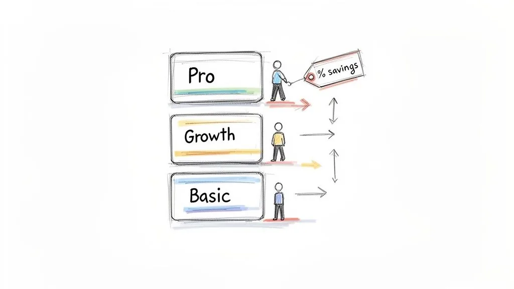 A hand-drawn sketch showing three pricing tiers: Pro, Growth, and Basic, with a person pointing to '% savings'.