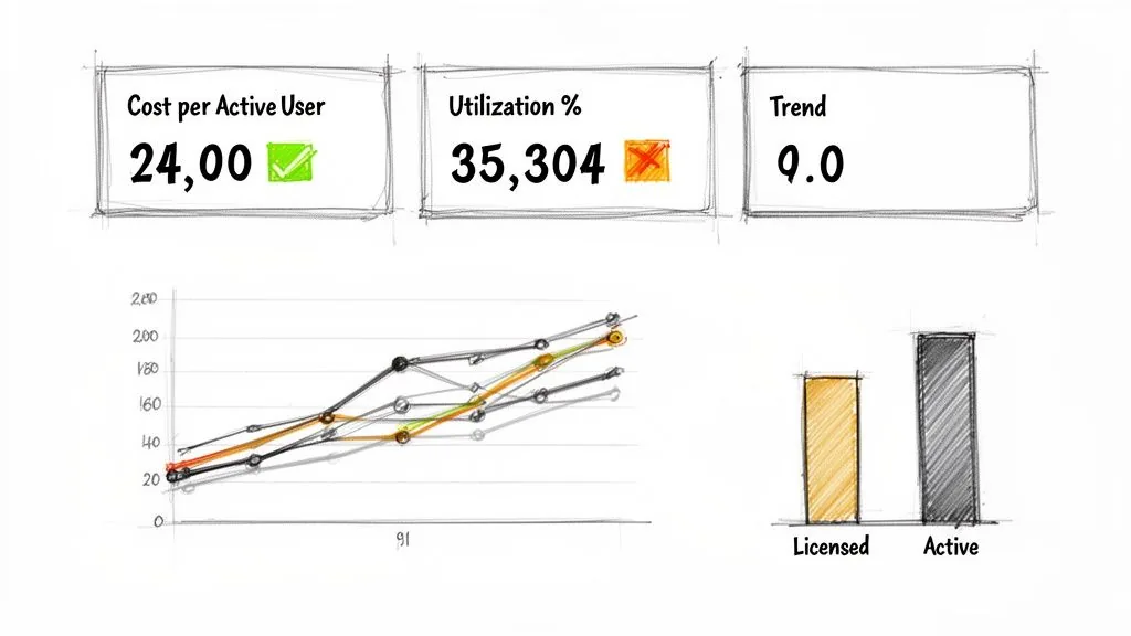 A sketched dashboard showing key performance indicators: Cost per Active User, Utilization, Trend, with charts.
