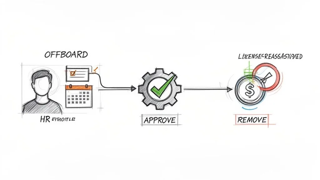 A hand-drawn workflow illustrating employee offboarding, approval, license reassignment, and removal for IT cost reduction.