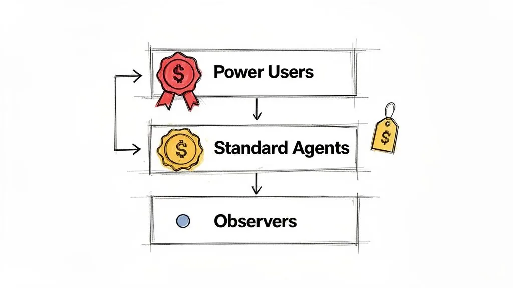 A diagram illustrates user tiers: Power Users, Standard Agents, and Observers, with monetary symbols.