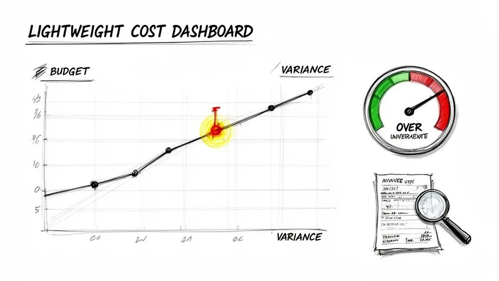 Hand-drawn dashboard visualizes budget, cost variance, a gauge showing 'OVER', and detailed financial documents.