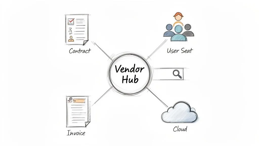 Diagram showing a 'Vendor Hub' connected to contracts, user seats, cloud services, and invoices, illustrating vendor management.
