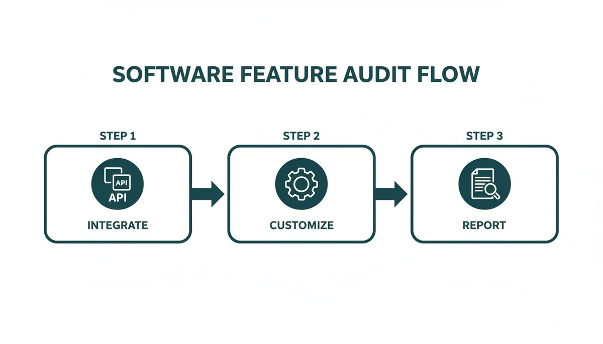 A three-step software feature audit flow: Integrate APIs, Customize settings, and Generate reports.