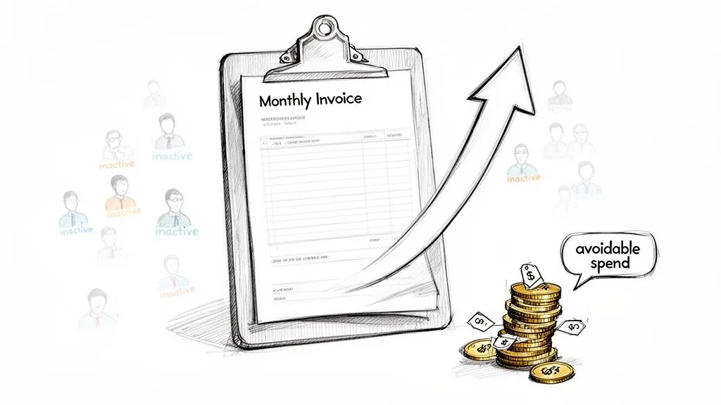 An invoice on a clipboard with an upward arrow pointing to avoidable spend, near inactive users.