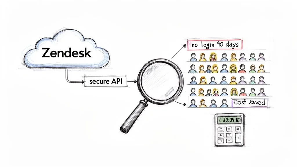 Illustration showing Zendesk license auditing via API, identifying inactive users and calculating cost savings.