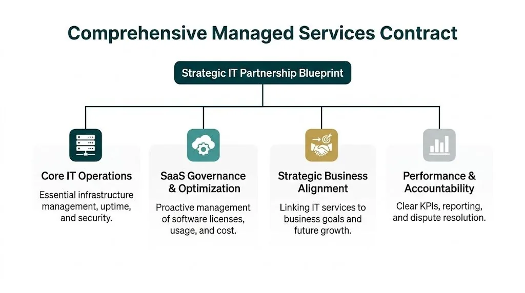 A diagram illustrating a comprehensive managed services contract featuring four core pillars of an IT partnership blueprint.