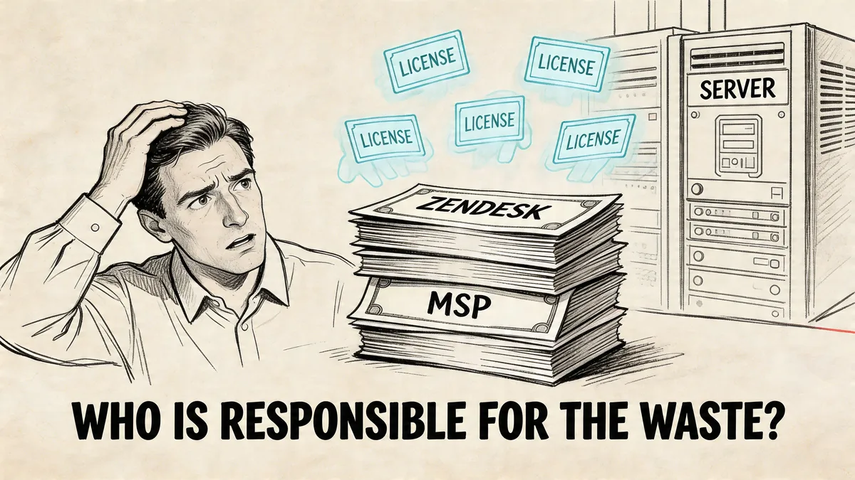 A confused person looking at a stack of money labeled Zendesk and MSP next to server equipment.