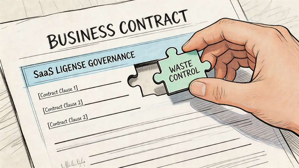 A hand placing a puzzle piece labeled Waste Control into a business contract regarding SaaS license governance.
