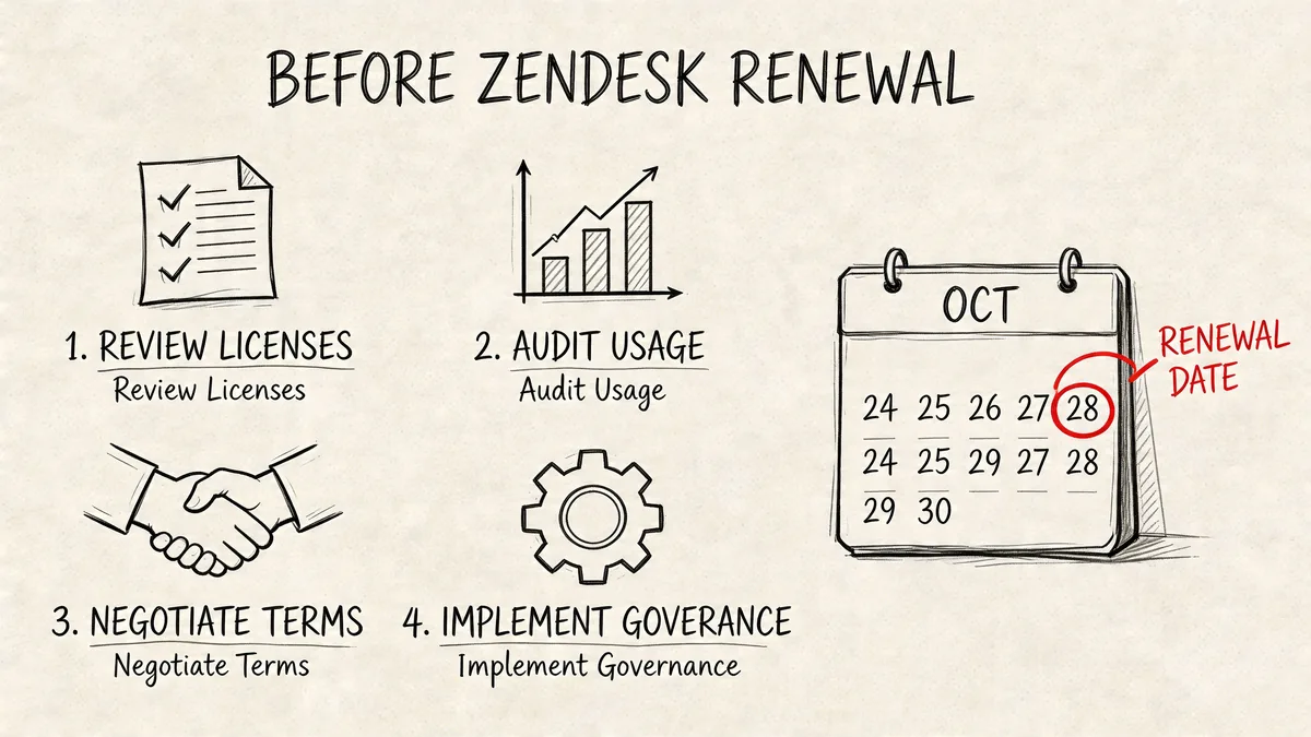 A hand-drawn checklist illustrating four essential steps to take before a Zendesk software renewal agreement.