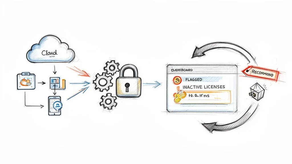 Diagram showing cloud app data flowing through security and processing to a dashboard flagging inactive licenses.