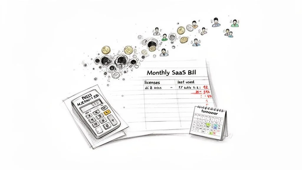 Illustration of a SaaS bill, calculator, calendar, and money, representing subscription management.