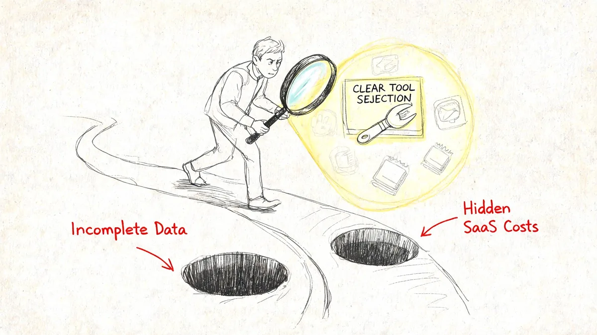 A person using a magnifying glass to find tools, avoiding traps labeled incomplete data and hidden costs.