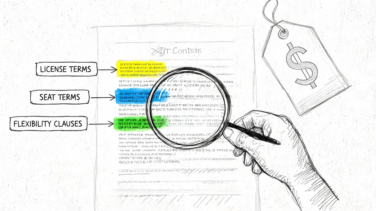 A hand holding a magnifying glass over highlighted legal terms in a document next to a price tag.