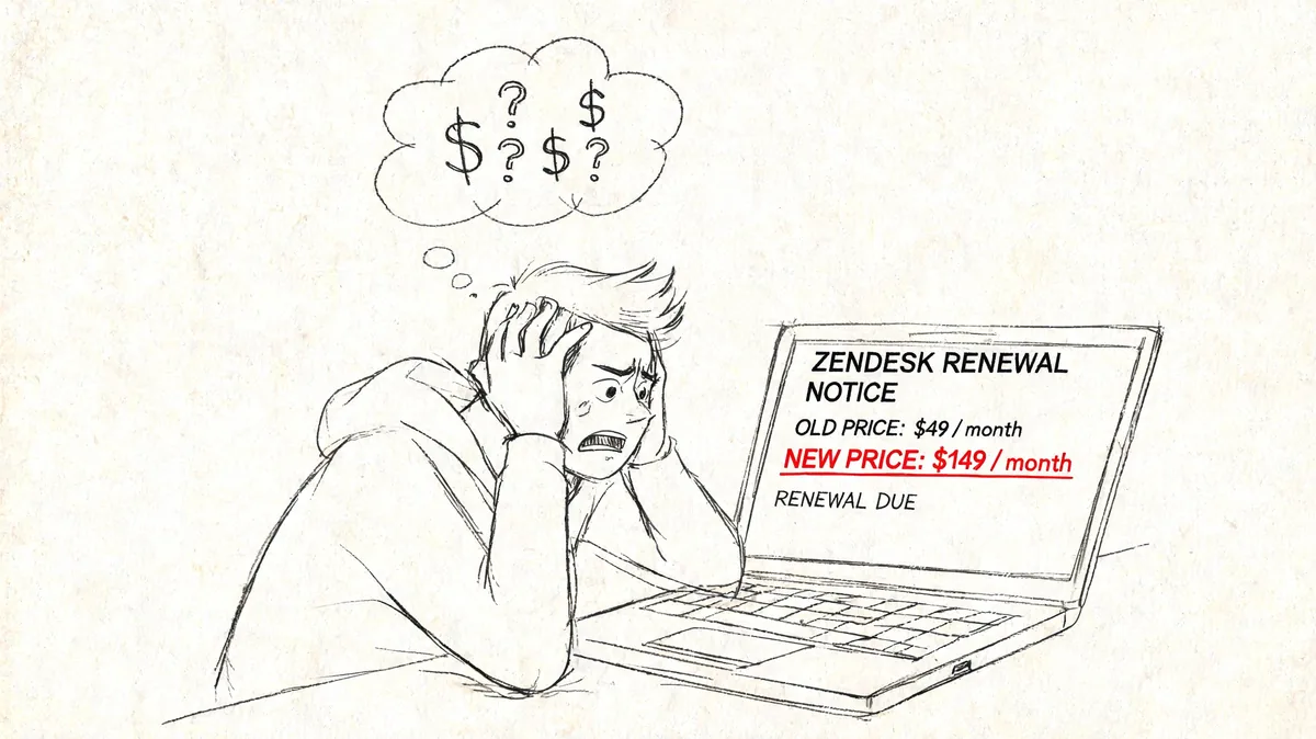 A person looking stressed at a laptop screen displaying a high Zendesk subscription renewal price increase.