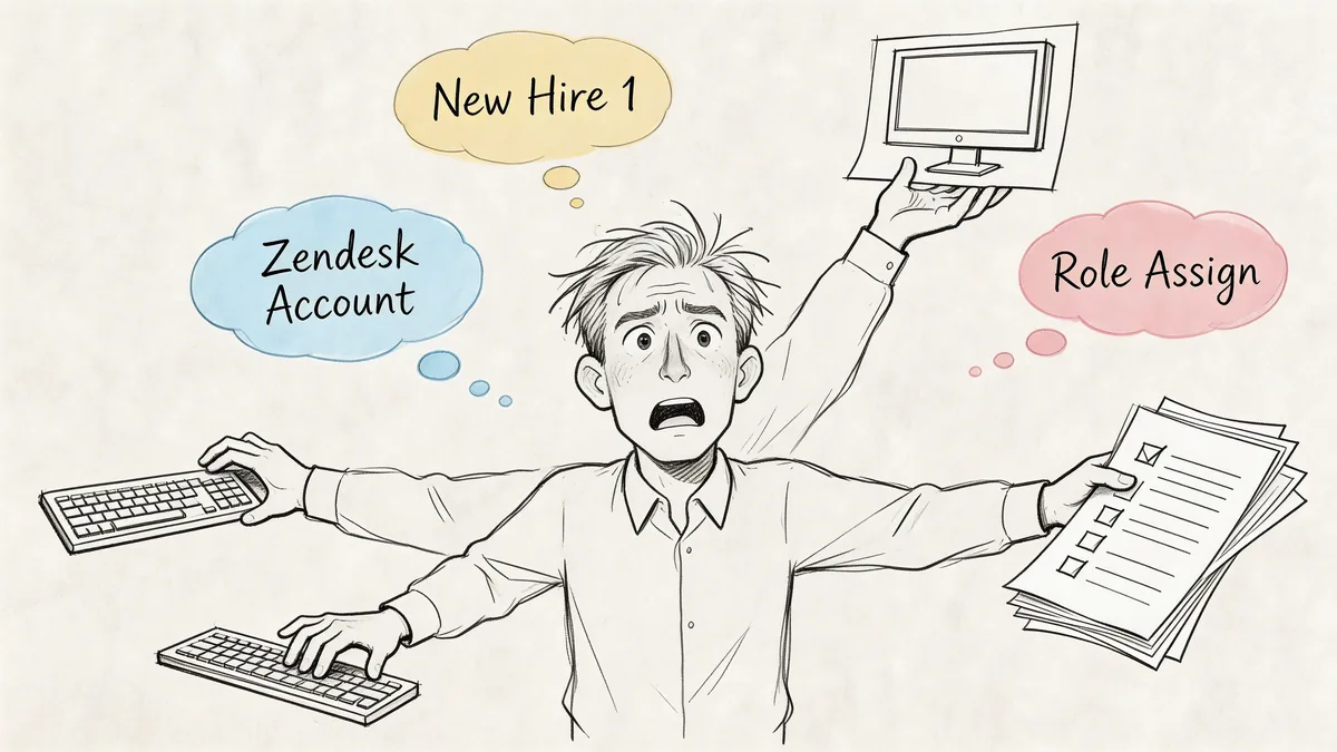 A stressed employee with multiple arms juggling tasks like creating Zendesk accounts and assigning roles to new hires.