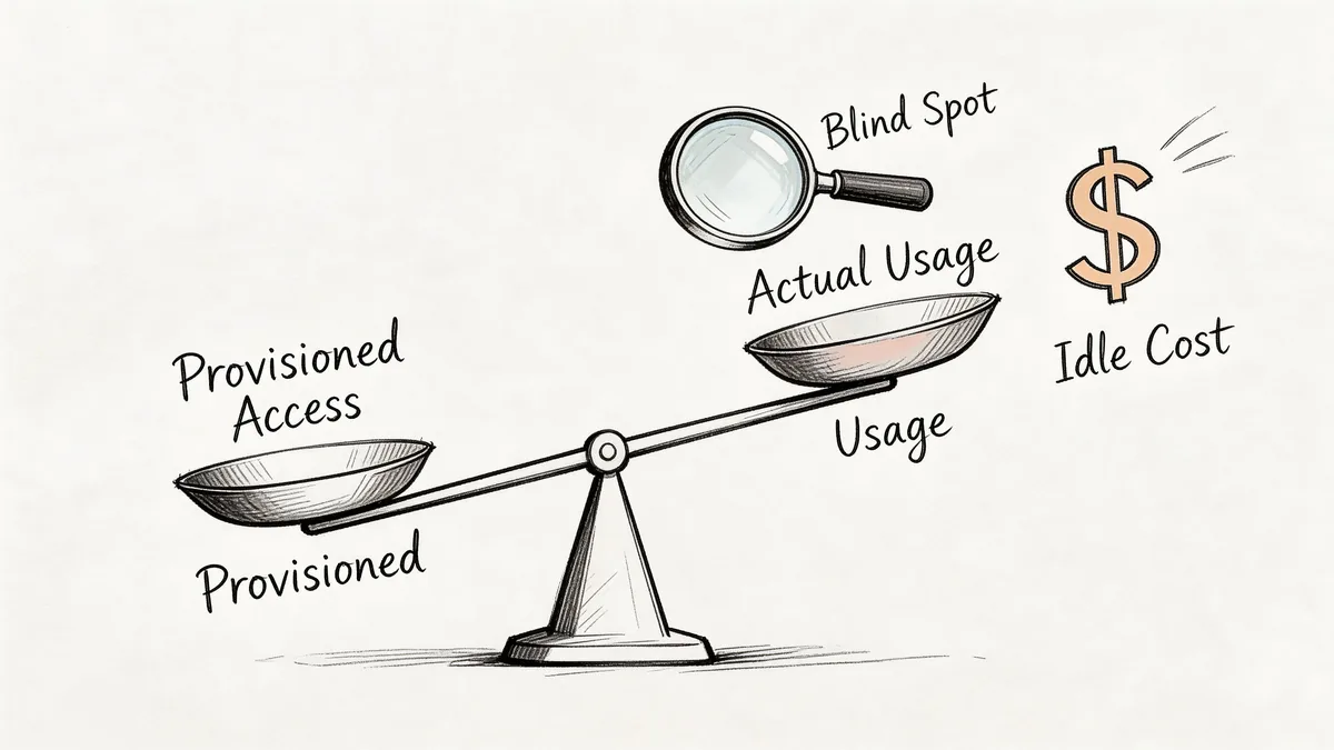 A hand-drawn scale illustration showing the imbalance between provisioned access and actual usage, resulting in idle costs.