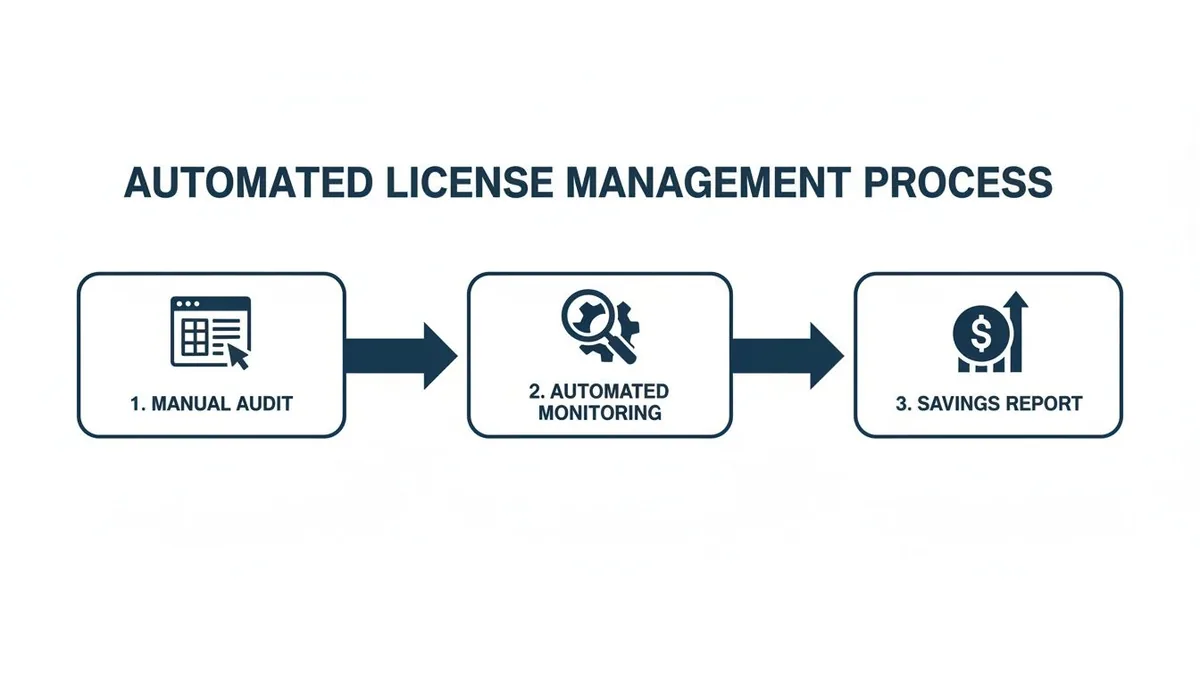 Flowchart illustrating an automated license management process with steps: manual audit, automated monitoring, and savings report.