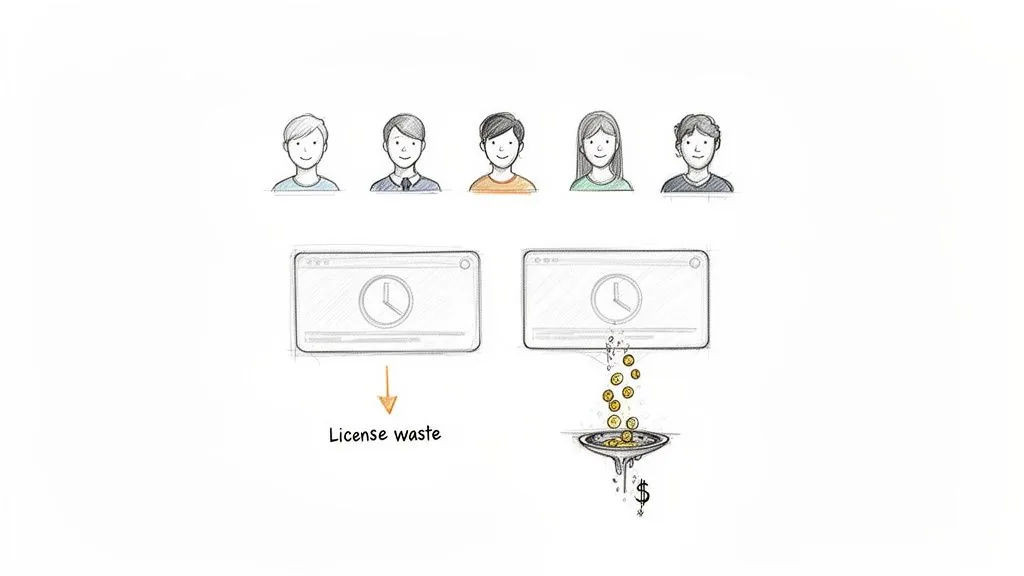 Illustration showing users, computer screens, one indicating software license waste, and the other showing money flowing out.
