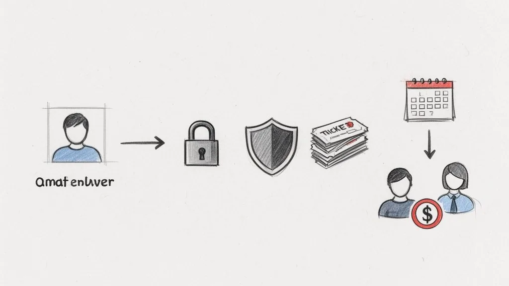 Diagram illustrating a secure process: user authentication, security, tickets, event scheduling, and payment.