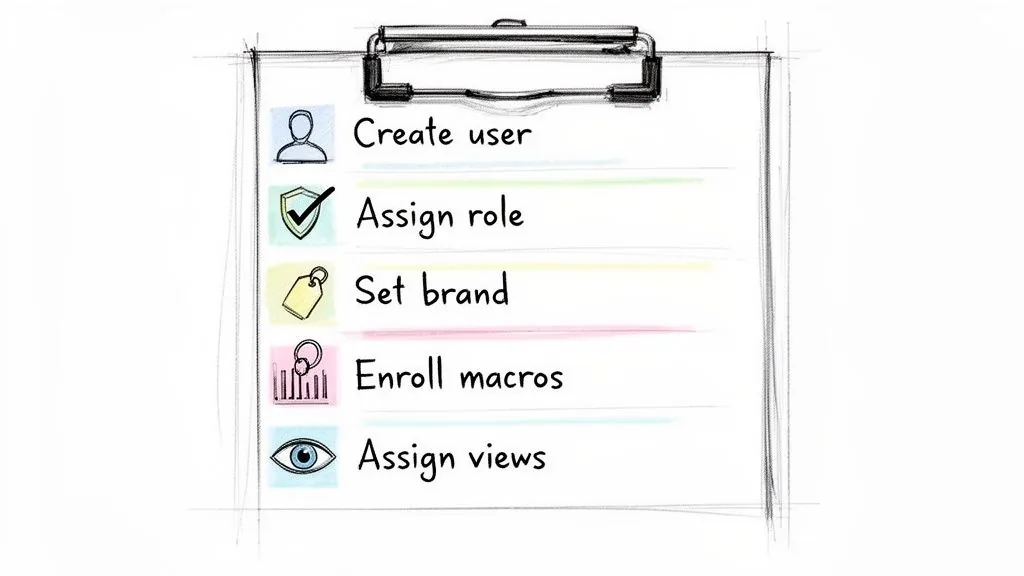 A hand-drawn checklist on a clipboard outlining steps like create user, assign role, and set brand.