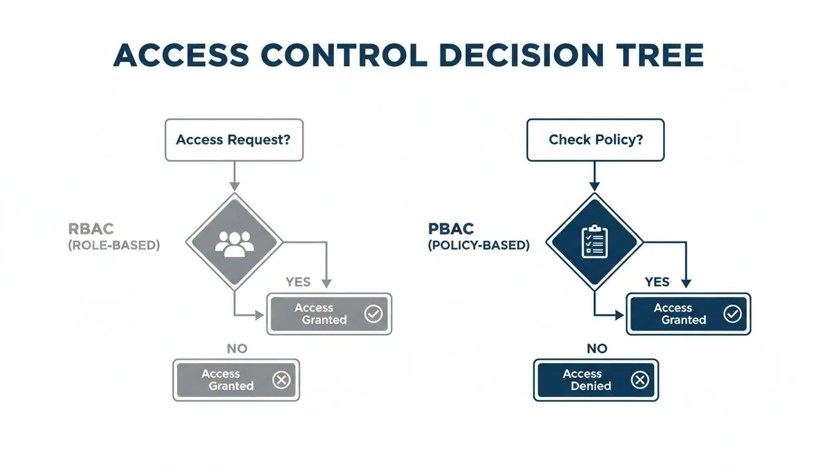 Decision tree diagram comparing Role-Based Access Control (RBAC) and Policy-Based Access Control (PBAC) flows.