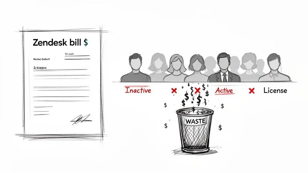 Zendesk bill illustrating money wasted on inactive and unused software licenses flowing into a waste bin.