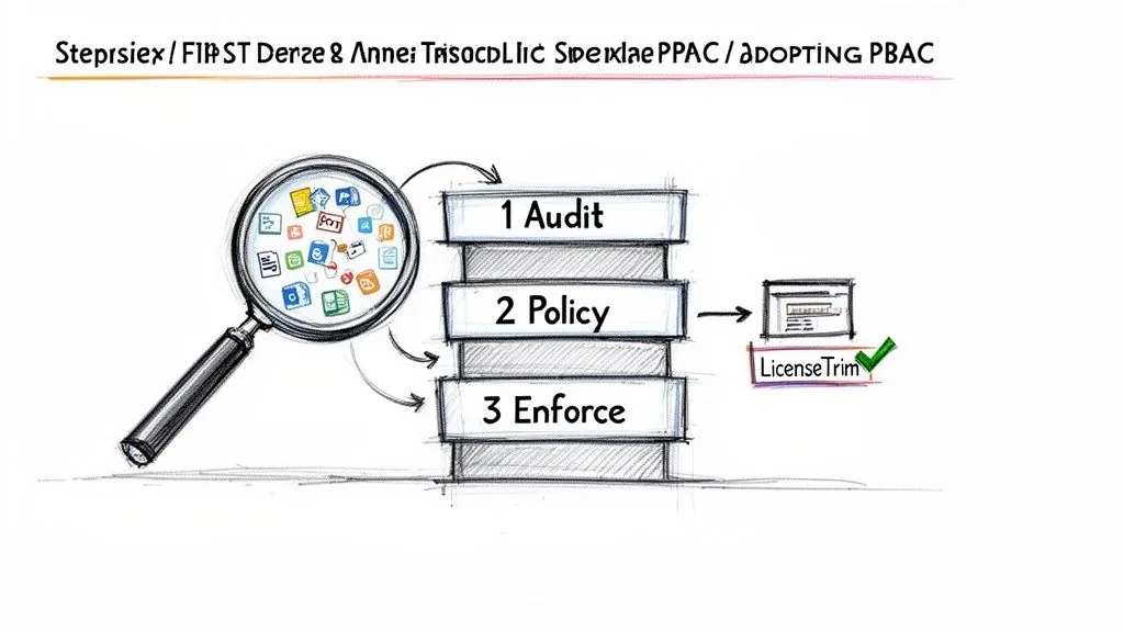 Diagram illustrates policy-based access control (PBAC) steps: Audit applications, define Policy, Enforce rules for LicenseTrim.