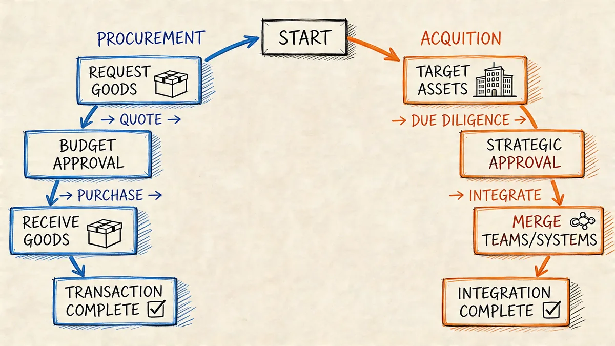 A hand-drawn flowchart diagram contrasting the business processes of procurement and acquisition on a textured background.