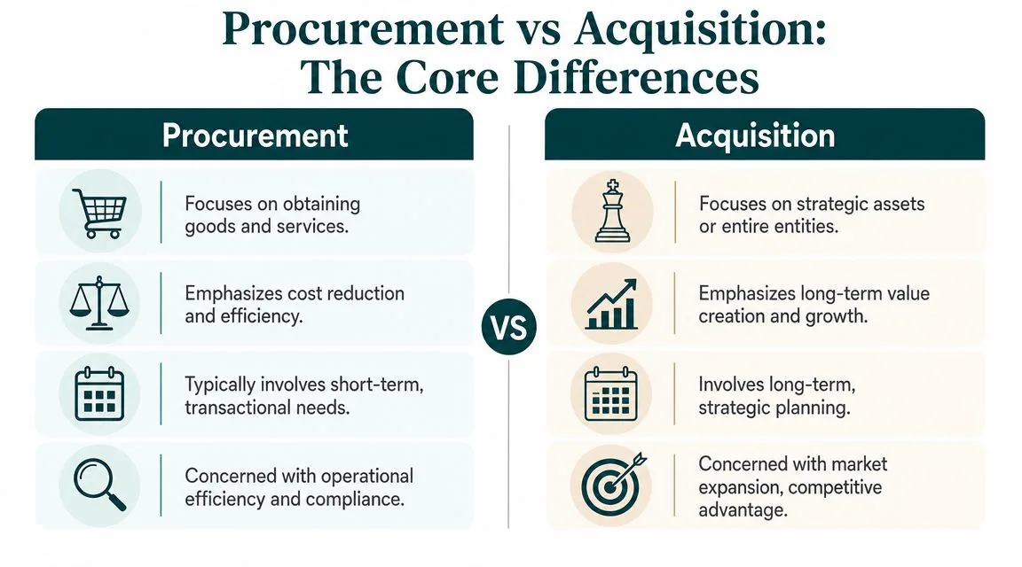 A comparison chart outlining the core differences between procurement and acquisition in a business context.