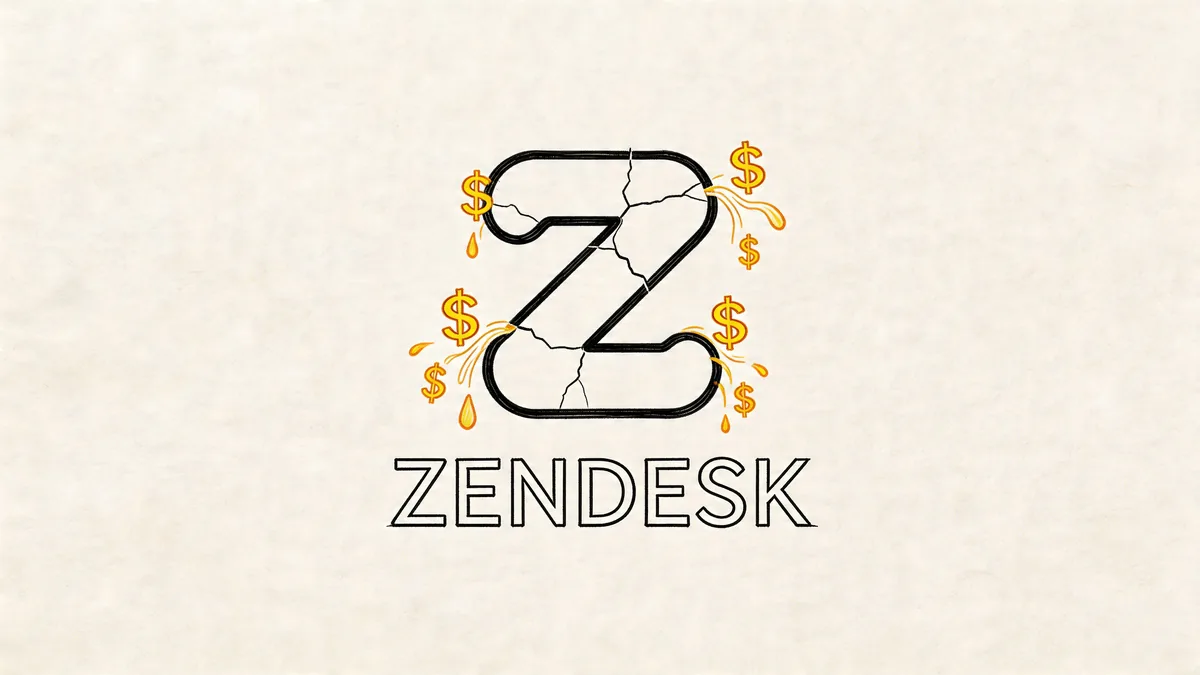 A stylized Zendesk logo cracked and leaking dollar signs, representing financial loss or high acquisition costs.