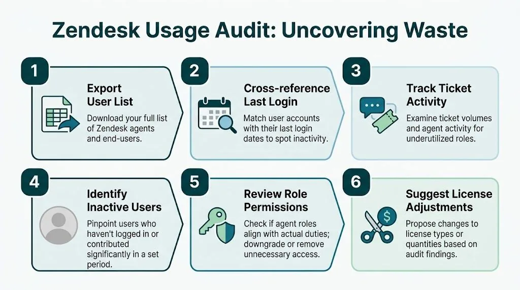 A six-step infographic detailing the process for conducting a Zendesk usage audit to identify and reduce waste.