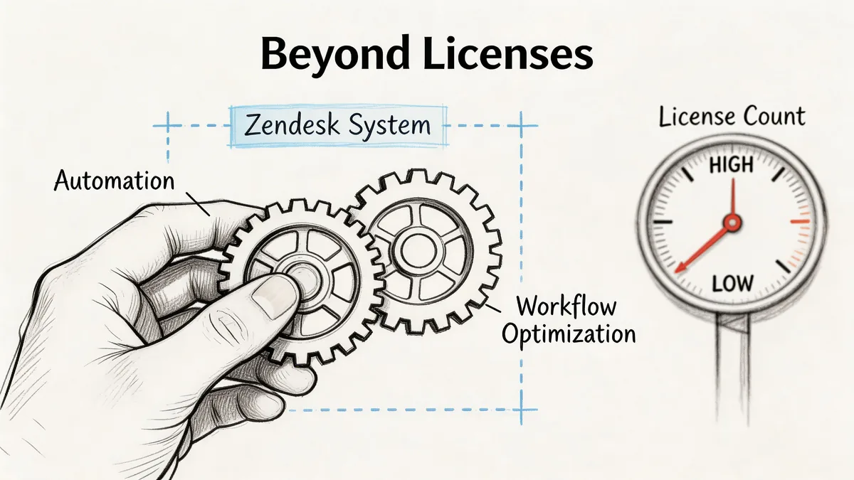 A hand adjusts mechanical gears representing Zendesk system automation and workflow optimization to lower license count.