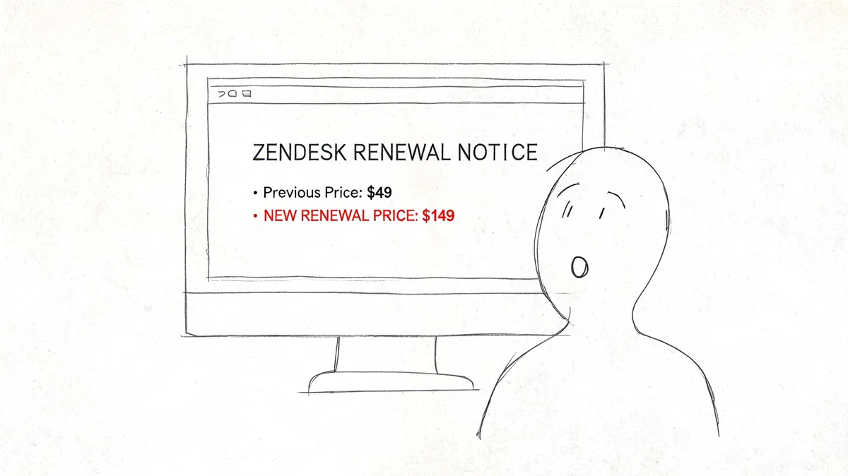 A surprised stick figure looking at a computer screen showing a Zendesk subscription renewal price increase notification.