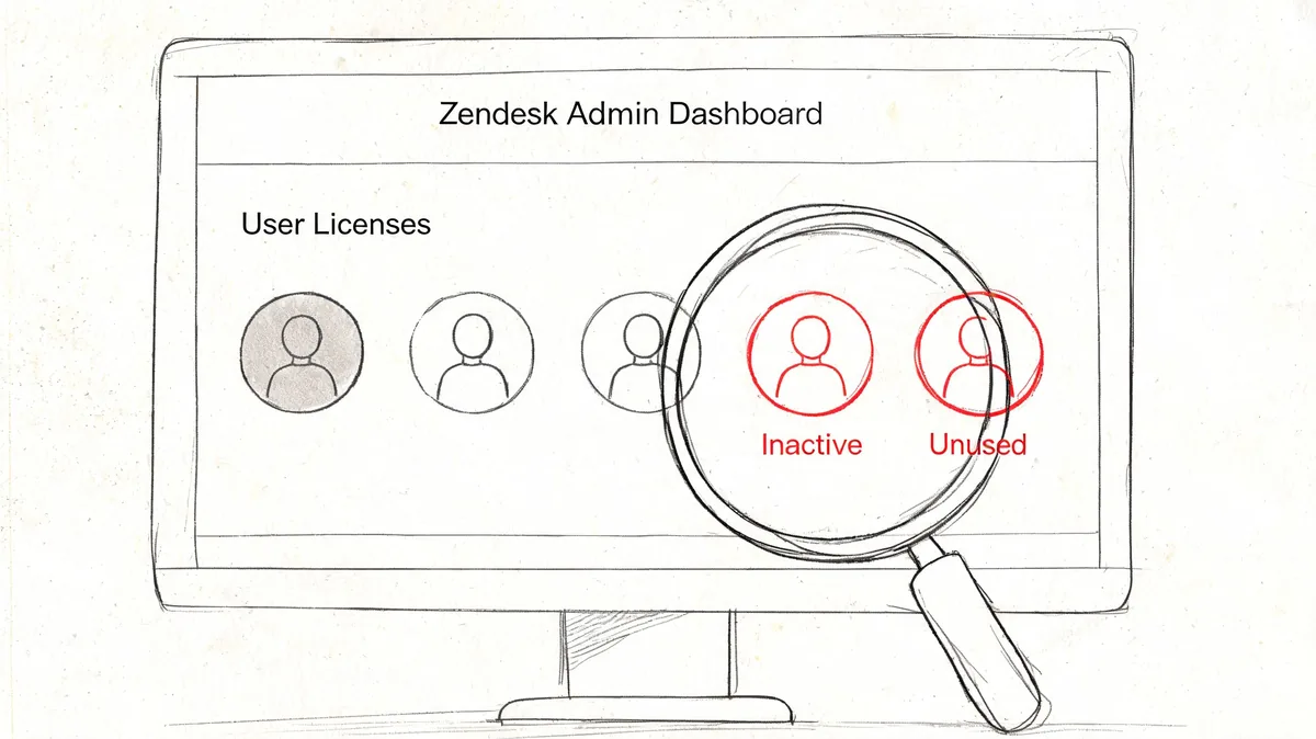 A sketched illustration of a Zendesk admin dashboard highlighting inactive and unused user licenses with a magnifying glass.