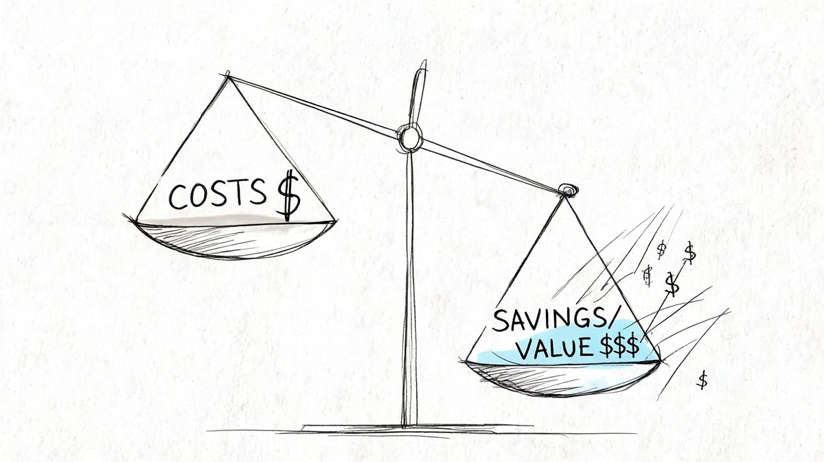 A hand-drawn sketch of a scale showing that savings and value outweigh the initial project costs.