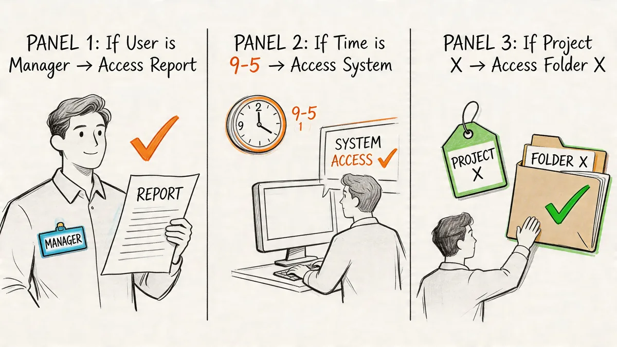 An illustration showing three simple rules for access control based on user role, time, and project.