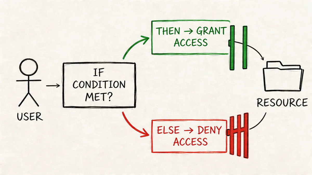 A diagram illustrating rule-based access control where a user is granted or denied access to resources.