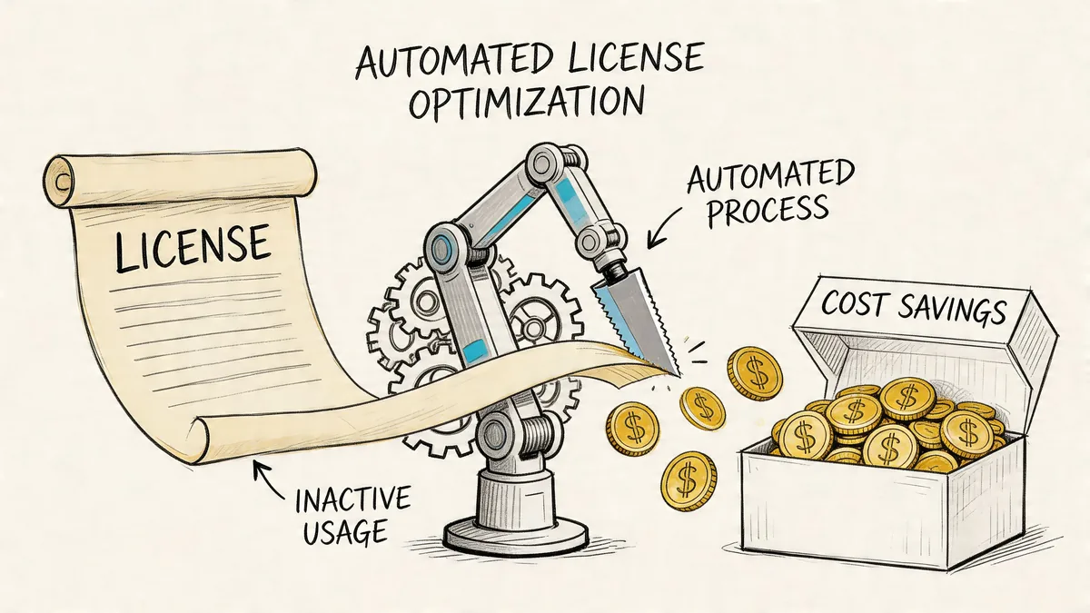 A mechanical arm cutting a license document, turning inactive usage into cost savings depicted as gold coins.