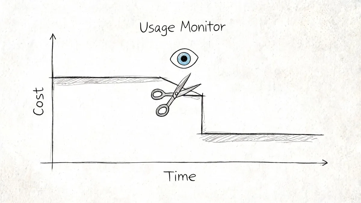 A hand-drawn illustration showing a cost versus time graph with scissors cutting down costs.