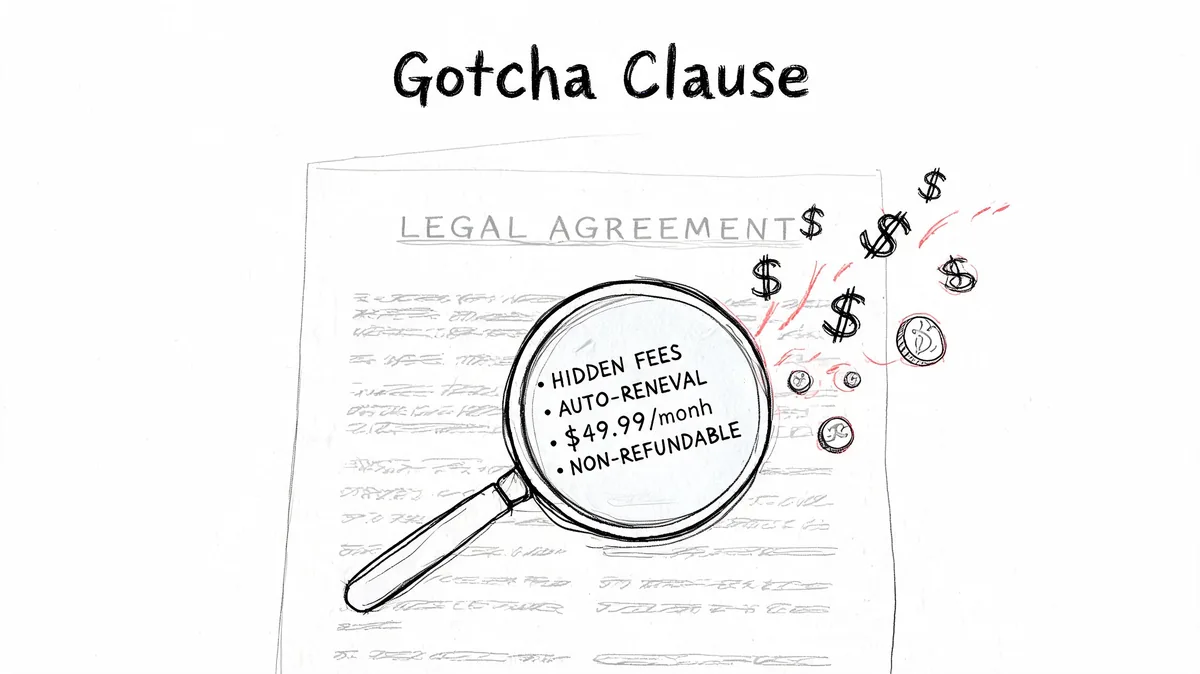A magnifying glass reveals hidden fees, auto-renewal, and non-refundable terms in a legal SaaS agreement document.