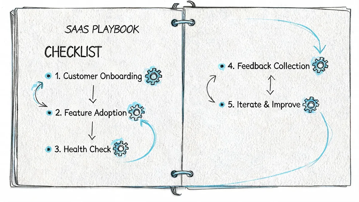 A hand-drawn checklist for a SaaS playbook illustrating the customer lifecycle process from onboarding to improvement.