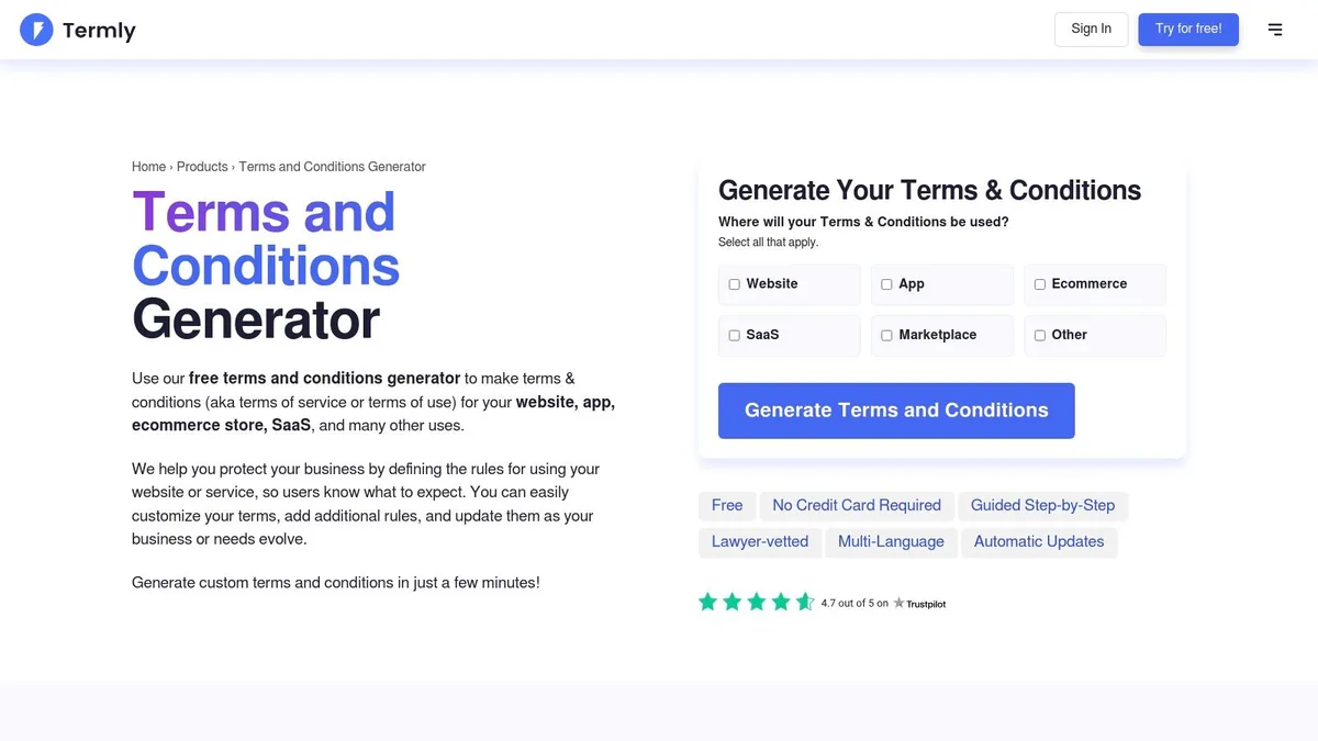 Termly – Terms & Conditions Generator (supports SaaS)