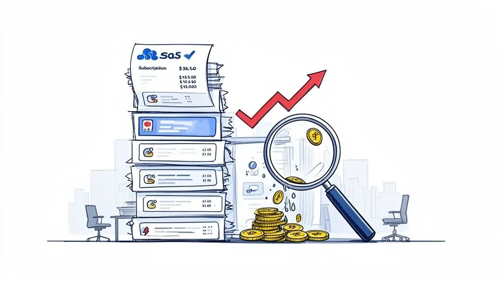 Illustration of financial documents, a rising graph, and a magnifying glass over coins, symbolizing expense analysis and growth.