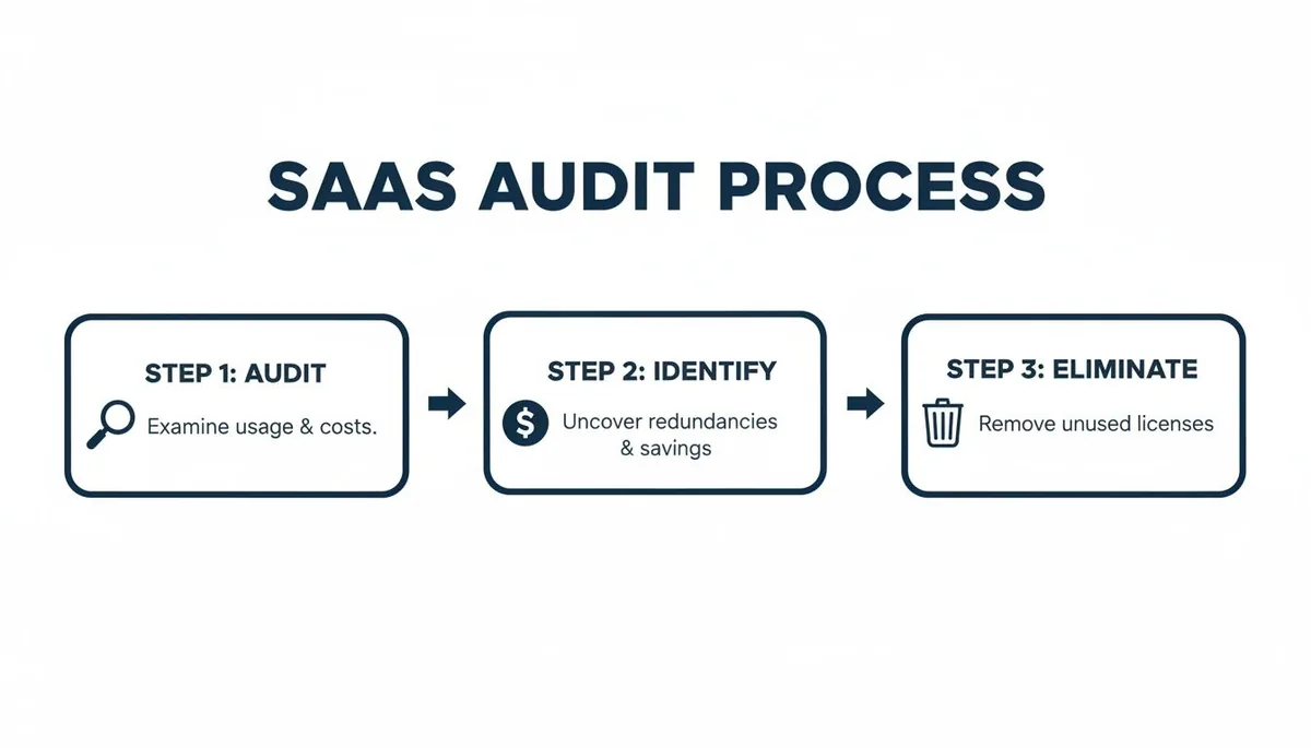 A three-step diagram outlining the SaaS audit process: audit usage, identify redundancies and savings, and eliminate unused licenses.