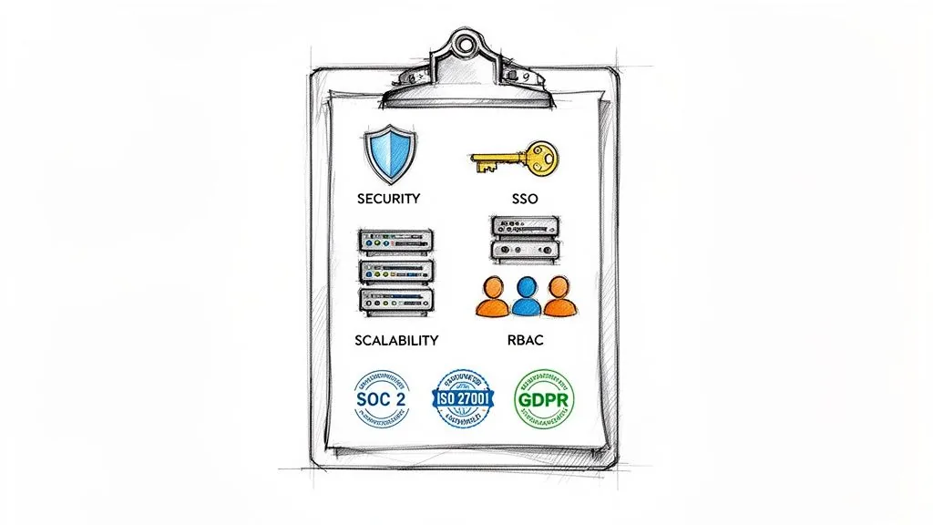 A clipboard showcasing enterprise SaaS features: security, SSO, scalability, RBAC, and compliance standards like SOC 2, ISO 27001, GDPR.