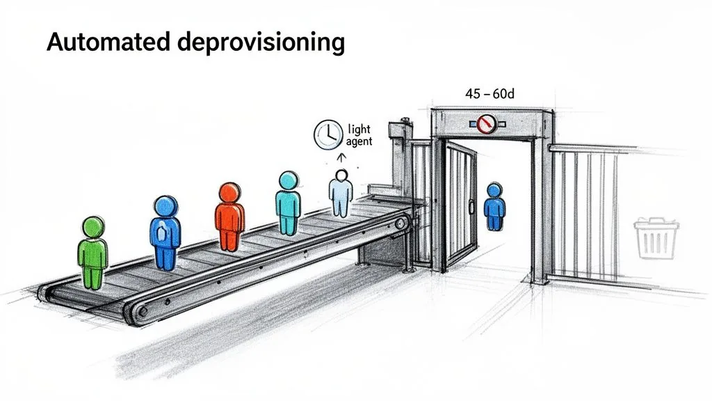 Automated deprovisioning process showing colorful user figures on a conveyor belt towards a system gate.