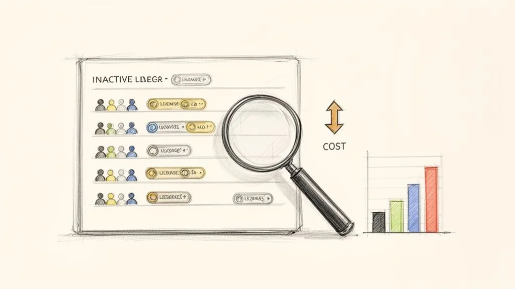 A sketch showing inactive license management, a magnifying glass for audit, and a bar chart illustrating increasing costs.
