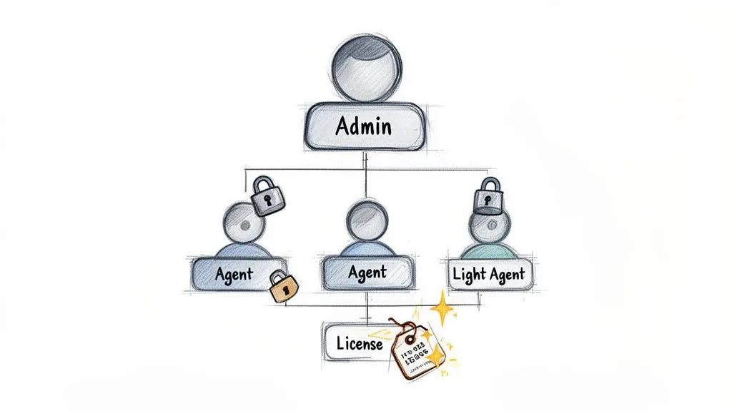 Diagram illustrating user roles like Admin, Agent, Light Agent, and their associated licenses and access control.